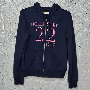 Hollister Womens Blue Pink Embroidered Long Sleeve Full Zip Hooded Sweatshirt L